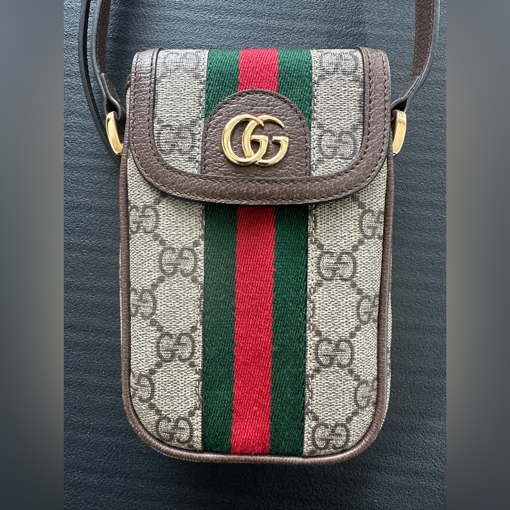 Gucci Ophidia Flap Phone Holder Crossbody Bag GG Coated Canvas
